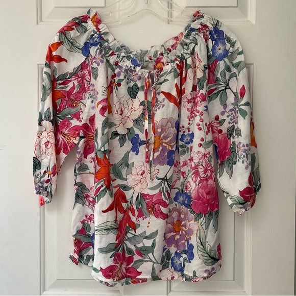 NWT Hester & Orchard Ivory Multi Floral Linen Blend Top M - Picture 2 of 11